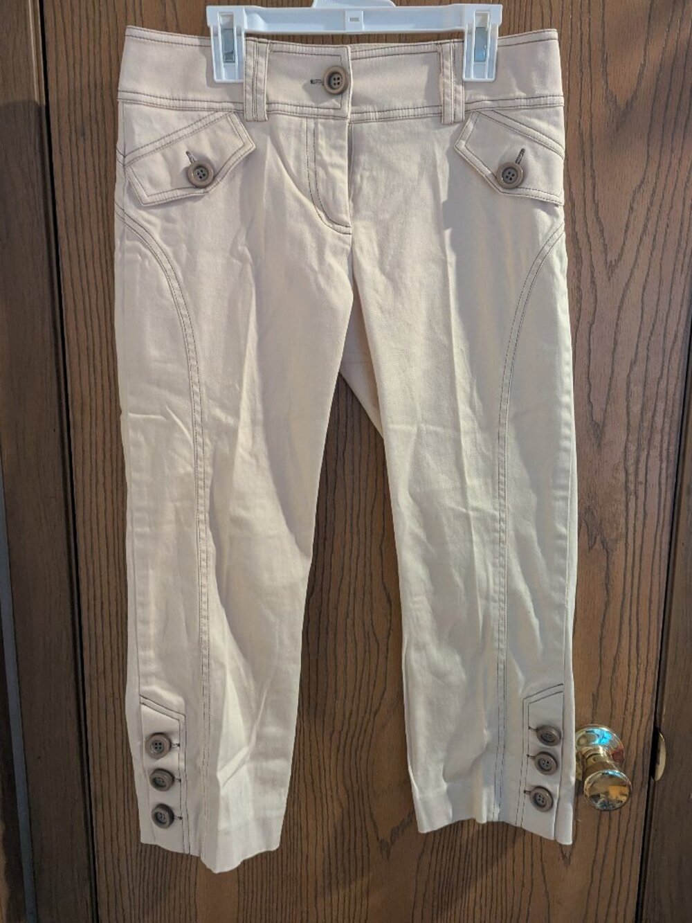 Cache Riding Style Capri Khaki/Cream Pants Buttons Pockets Western Chic-4
